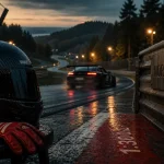 Circuit nurburgring Nordschleife : pilote et voiture de piste devant la barrière NORDSCHLEIFE