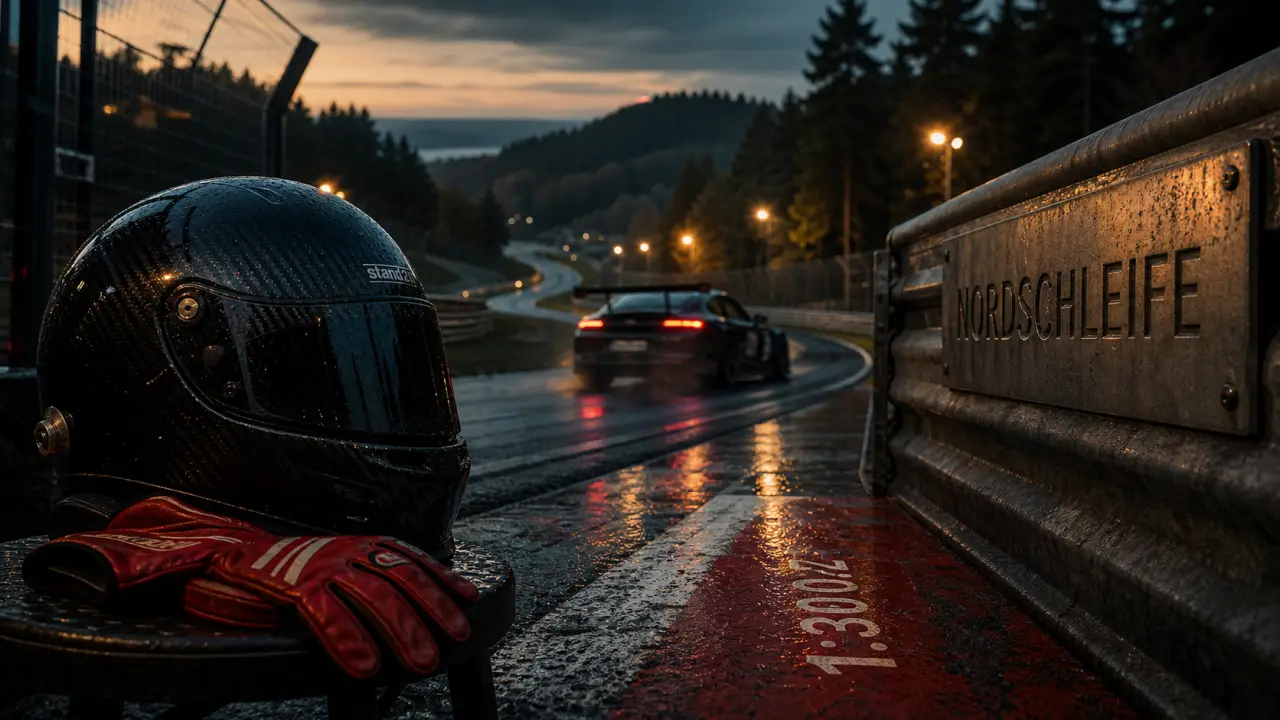 Circuit nurburgring Nordschleife : pilote et voiture de piste devant la barrière NORDSCHLEIFE