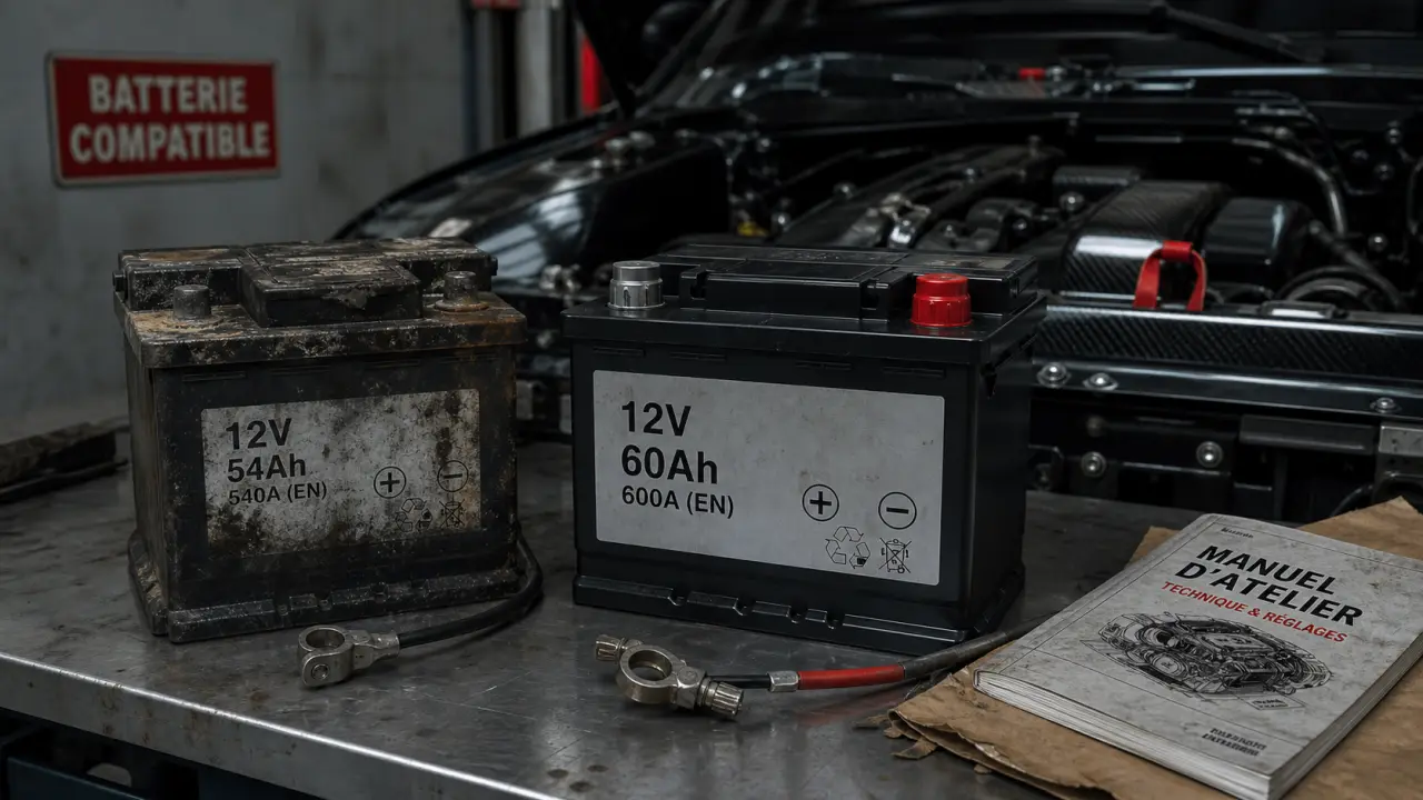 Comment choisir la batterie de sa voiture : vérifier Ah, ampères, polarité et technologie. Batterie 12V en garage.