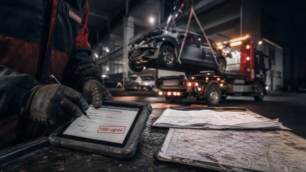 Enlevement epave voiture : certificat de destruction VHU agréé signé sur tablette