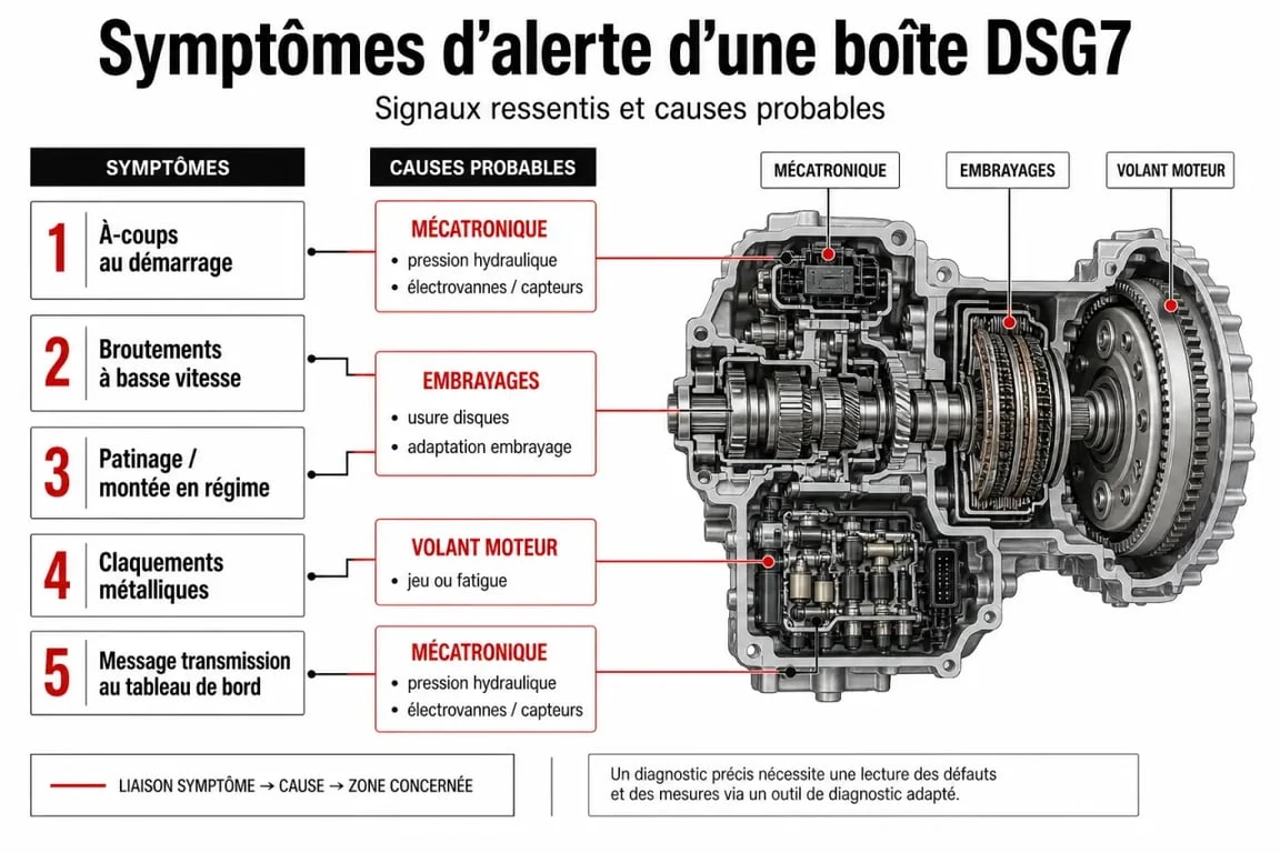 Fiabilité boite dsg7 : schéma des symptômes de panne et des causes possibles