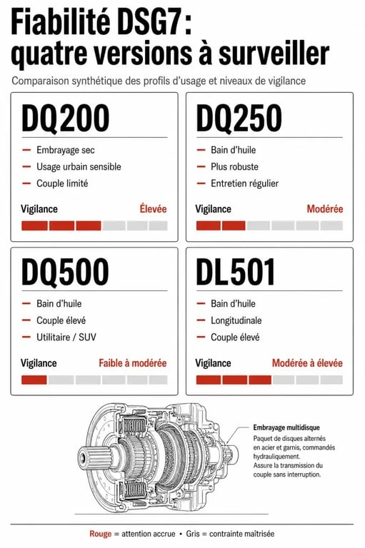 Fiabilité boite dsg7 : comparaison visuelle des versions DQ200, DQ250, DQ500 et DL501