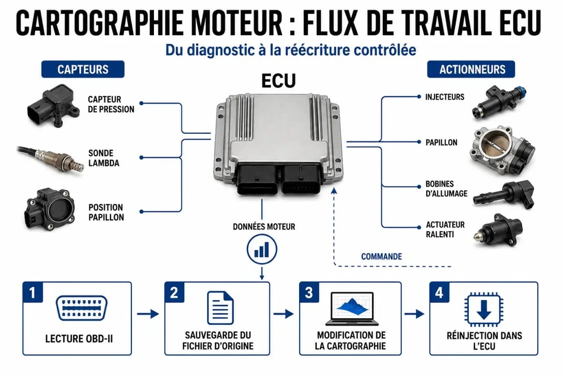 Schéma pour reprogrammer le calculateur d’un véhicule : ECU, lecture OBD-II et réinjection du fichier