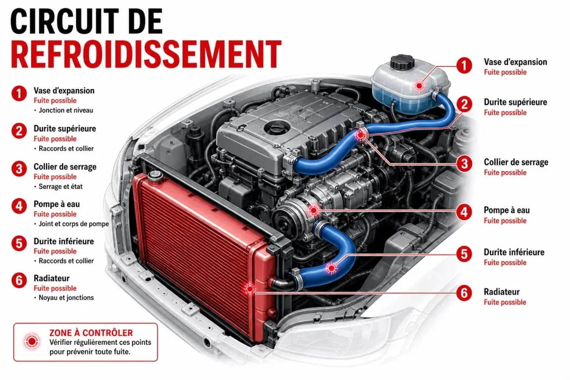 Fuite radiateur voiture : schéma simplifié du circuit de refroidissement et des points de fuite