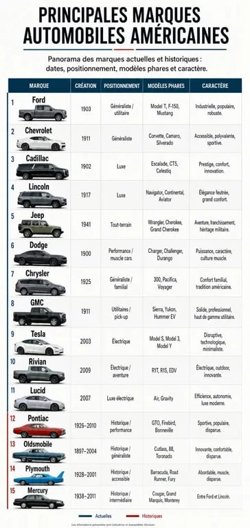Infographie sur une marque voiture américaine avec les principales marques, leurs positions et modèles emblématiques