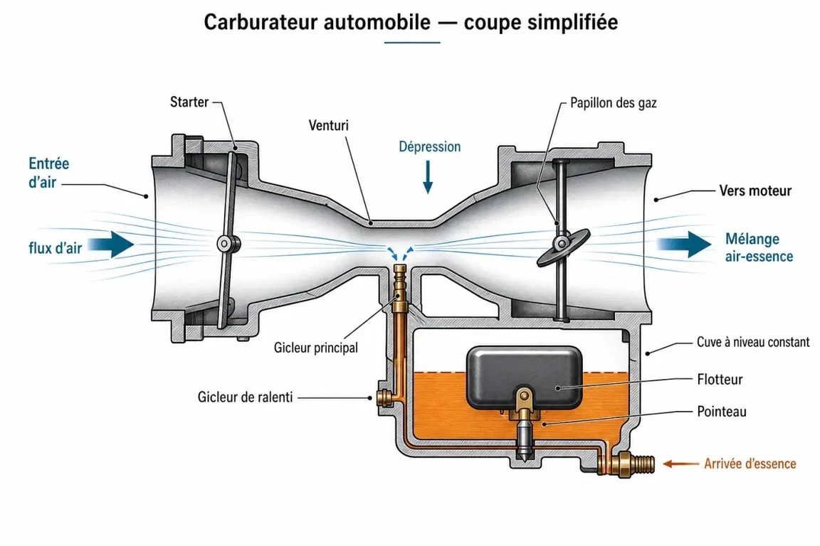 Schéma d’une voiture carburateur avec cuve, flotteur, gicleurs et effet Venturi