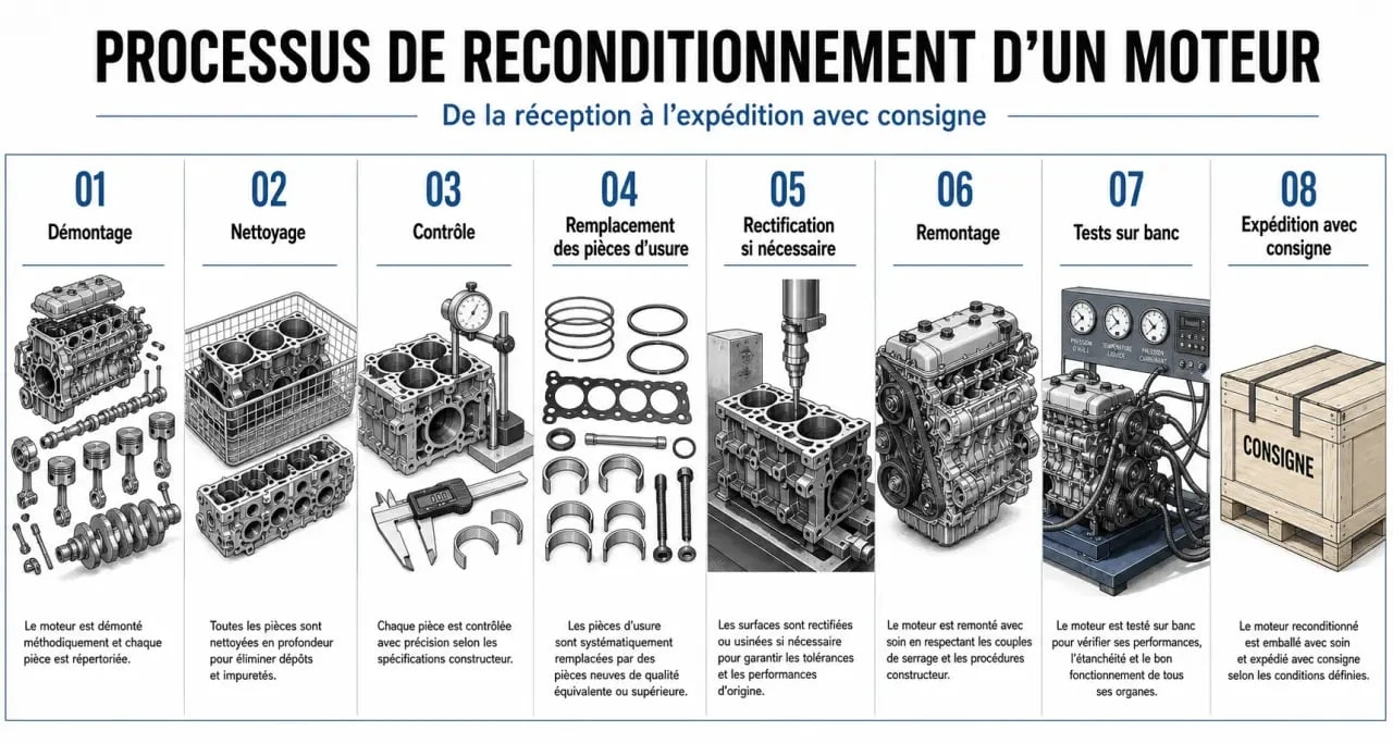 echange standard moteur : schéma du processus de reconditionnement et des contrôles avant livraison