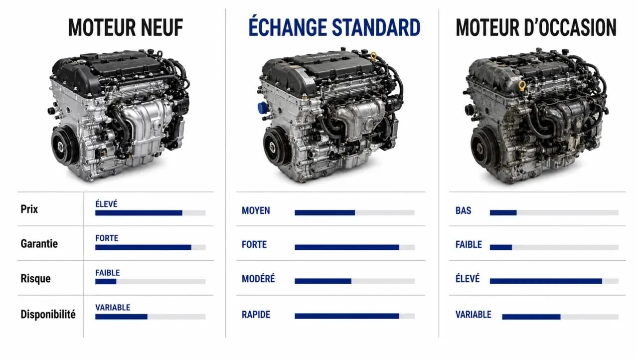 echange standard moteur : comparaison visuelle entre moteur neuf, moteur d’occasion et moteur reconditionné