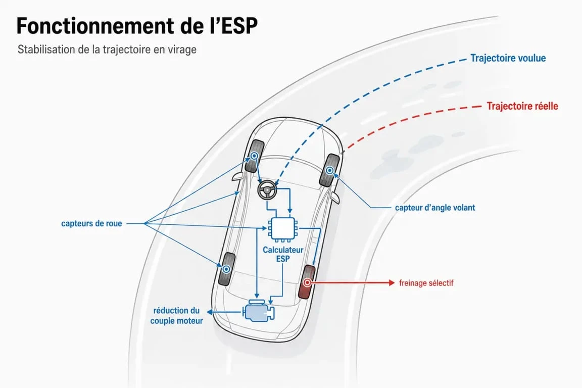ESP voiture : schéma simple du fonctionnement du contrôle électronique de stabilité