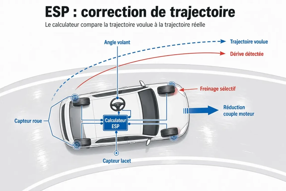 ESP voiture : schéma simple du fonctionnement du contrôle électronique de stabilité