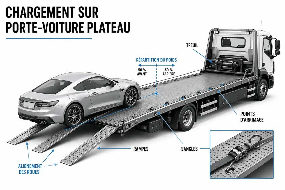 Porte voiture plateau : schéma de chargement avec rampes, treuil et arrimage