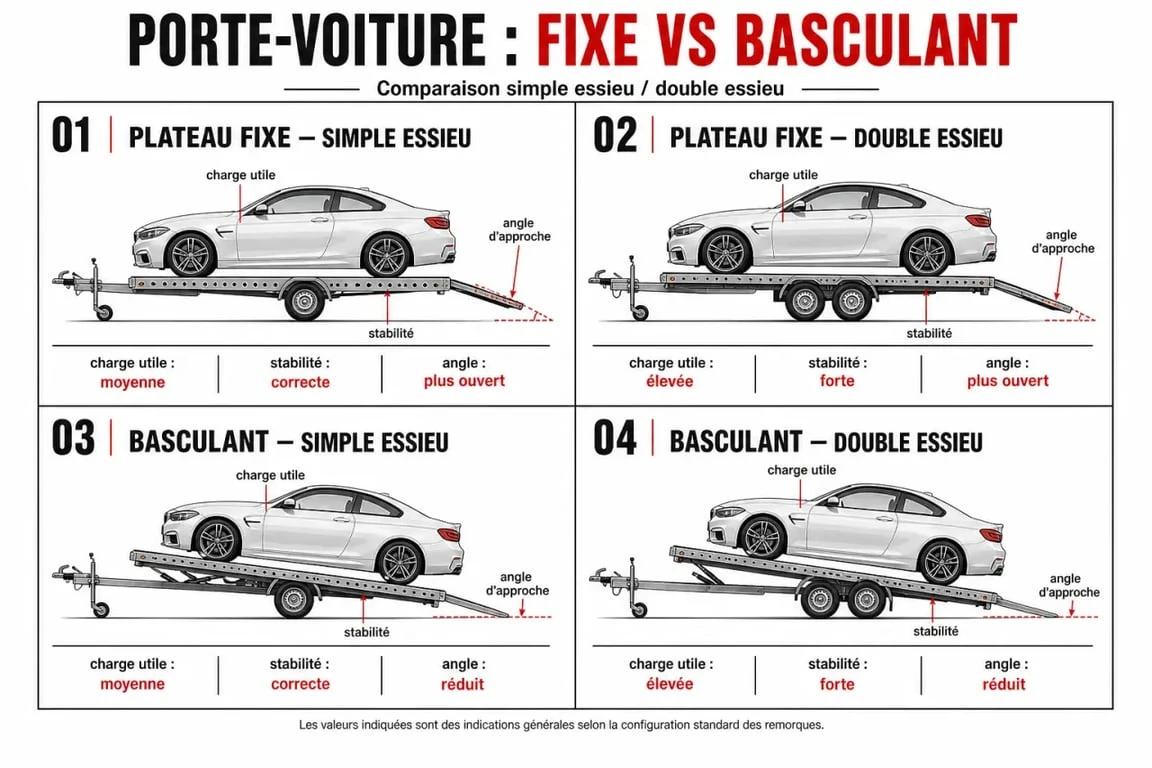 Porte voiture plateau : comparaison visuelle entre plateau fixe, basculant, simple essieu et double essieu