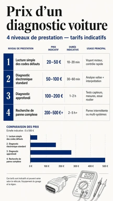 Prix d’un diagnostic voiture : comparaison visuelle des fourchettes tarifaires selon le niveau de diagnostic