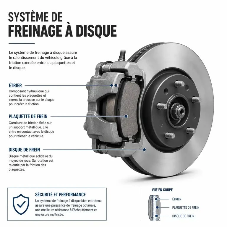 Schéma technique des composants du système de freinage pour comprendre l'origine d'un bruit de frein de voiture