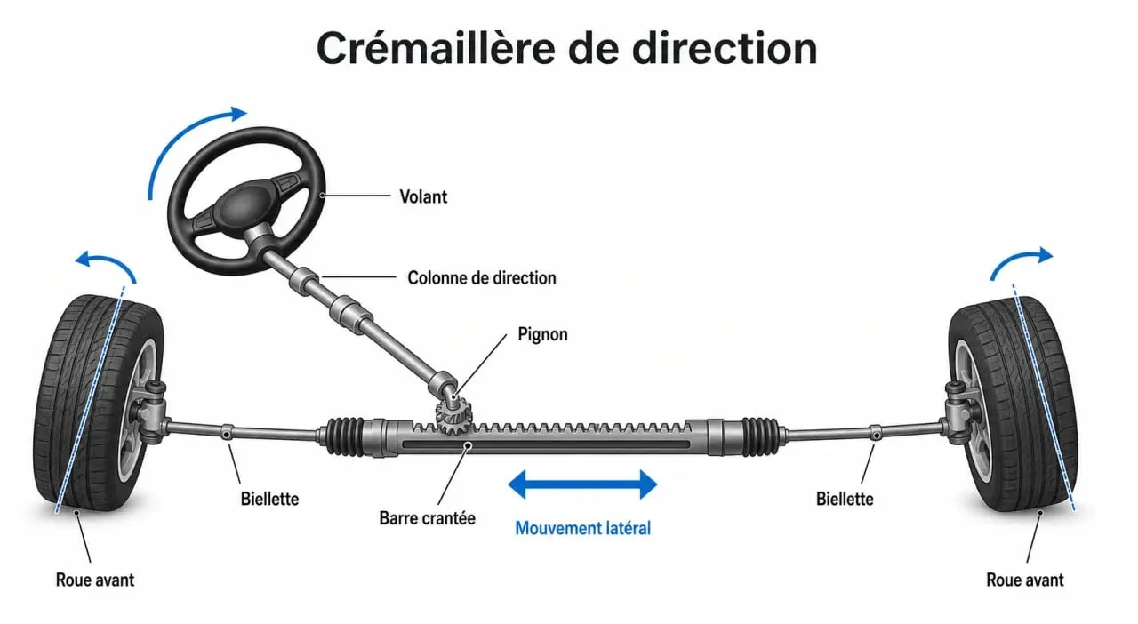 Voiture cremaillere : schéma simplifié de la direction et de la crémaillère