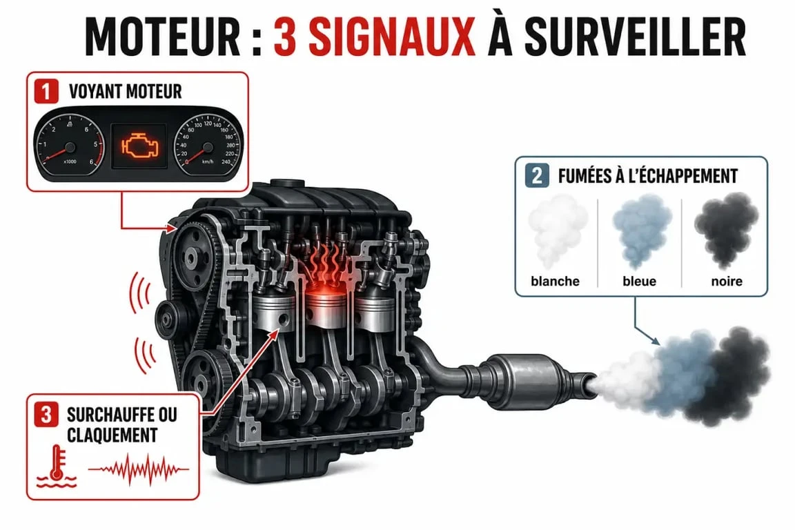 Moteur en panne : schéma éditorial des signes d’alerte et des causes probables