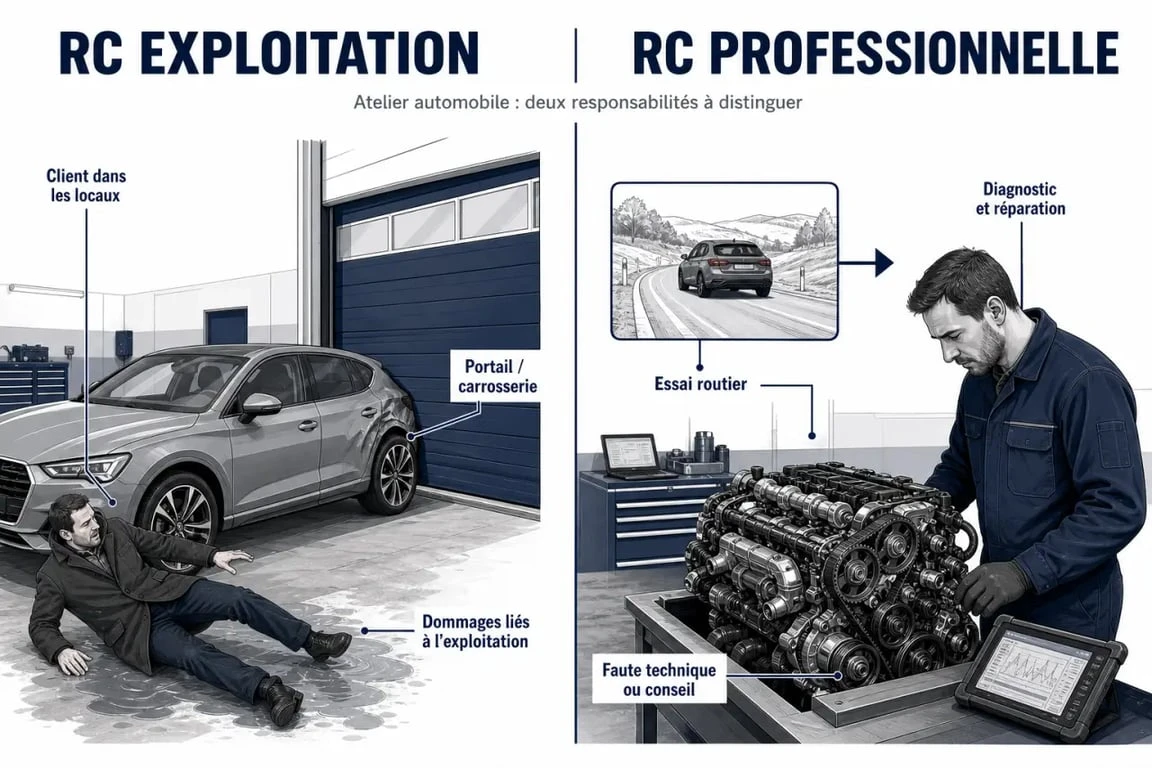 RC pro automobile : comparaison visuelle entre RC exploitation et RC professionnelle dans un atelier auto
