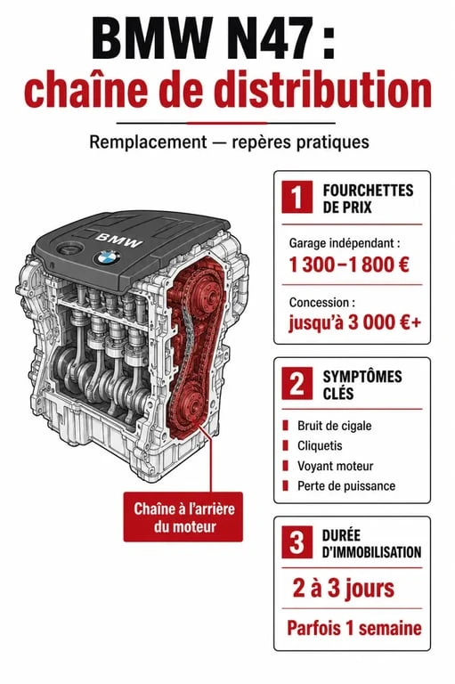Remplacement chaîne de distribution BMW N47 prix : infographie du moteur, symptômes et fourchettes de tarif