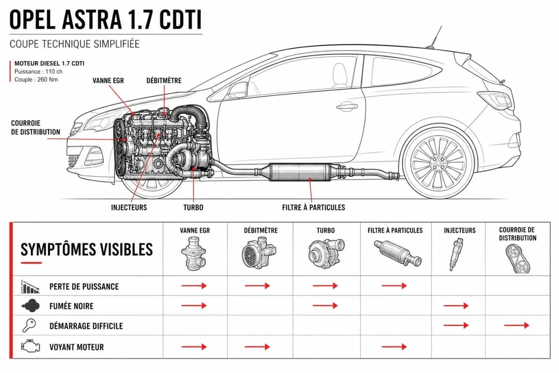 Opel Astra 1.7 CDTI problème : schéma des pannes fréquentes autour de l’EGR, du turbo, du FAP et des injecteurs