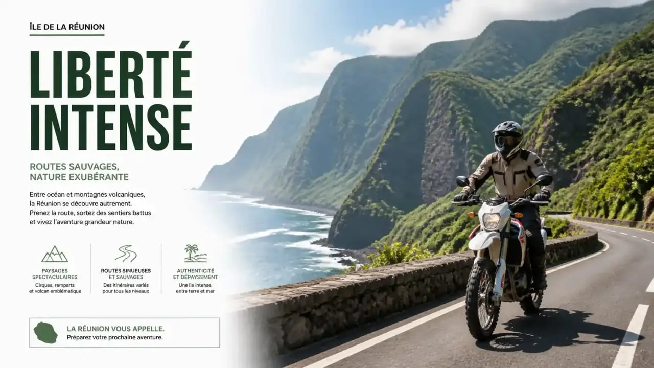Road trip à moto à La Réunion sur une route panoramique entre mer et montagnes volcaniques