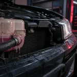 Fuite radiateur voiture : durite et bocal avec traces de liquide de refroidissement