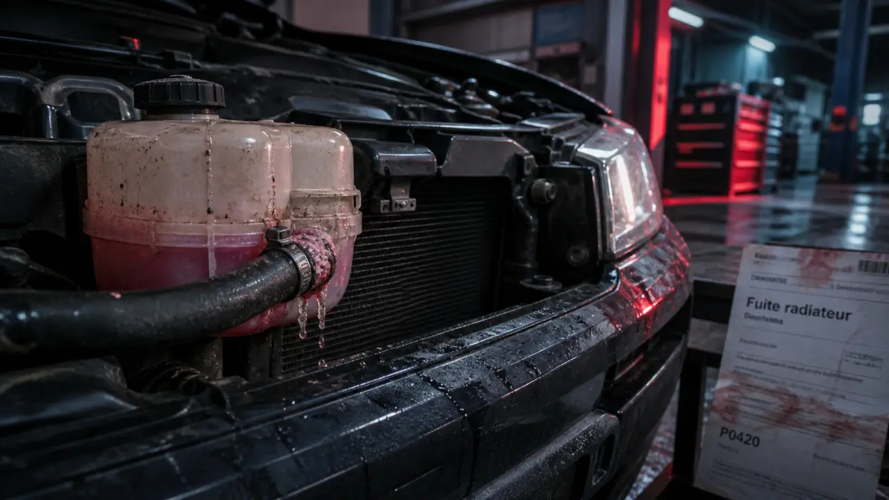 Fuite radiateur voiture : durite et bocal avec traces de liquide de refroidissement