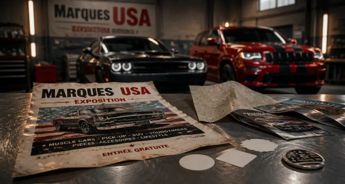 Marque voiture americaine : muscle car et SUV américains sur parking
