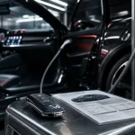 Meilleur hybride rechargeable : voiture noire carbone reliée à une borne AC
