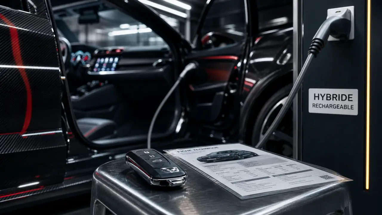 Meilleur hybride rechargeable : voiture noire carbone reliée à une borne AC