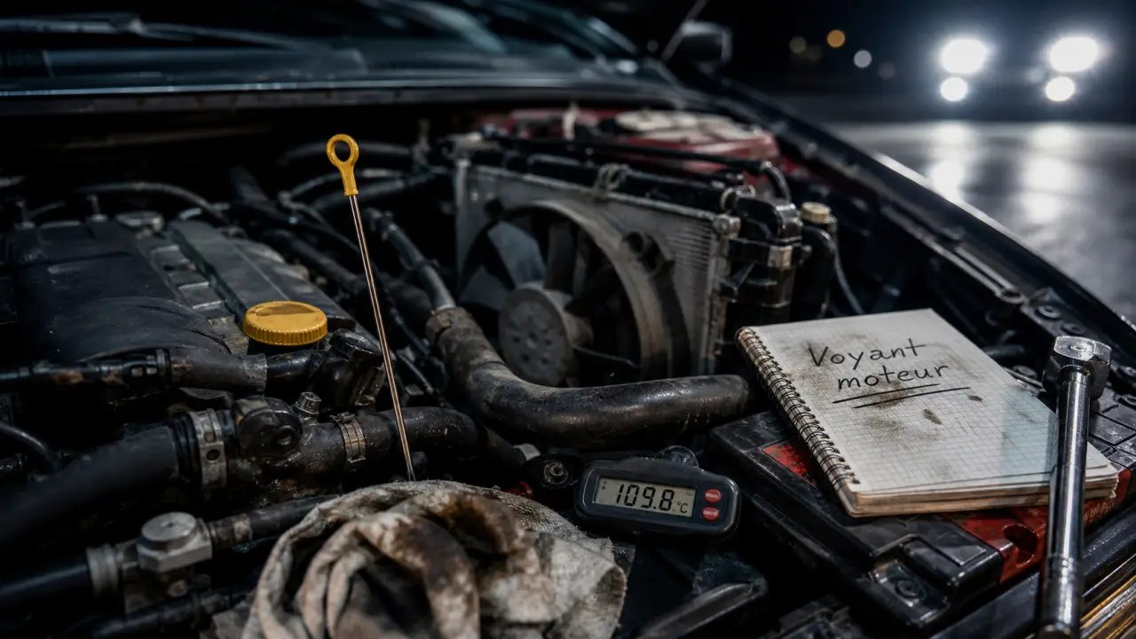 Moteur en panne : compartiment moteur et jauge d’huile, voyant moteur