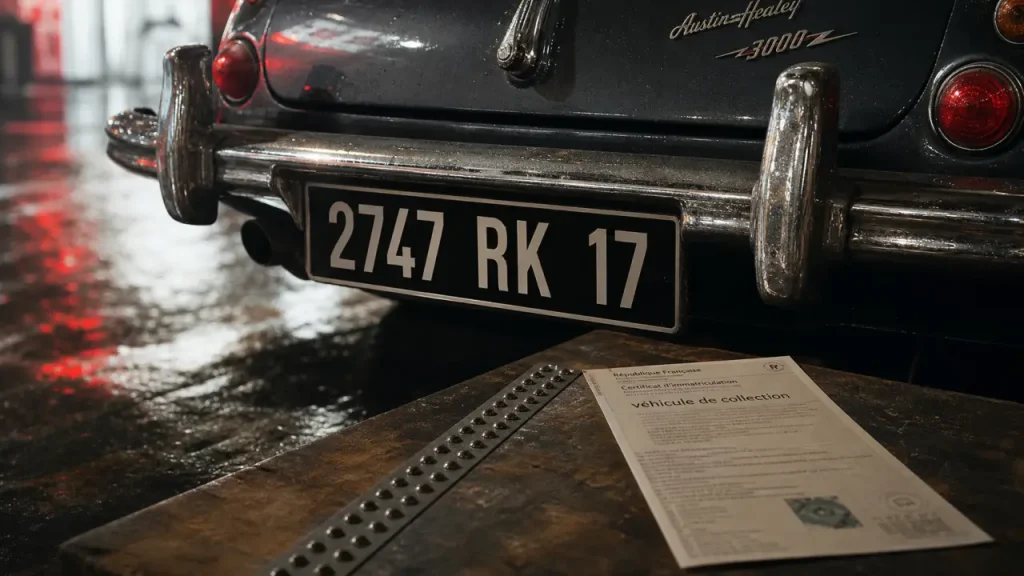 Plaque d'immatriculation noir sur voiture de collection
