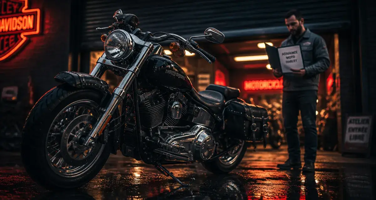 Assurance moto Harley-Davidson : mécanicien et dossier d’assurance devant une Harley noire