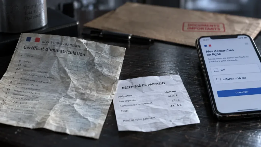Carte grise puy de dôme : formulaire ANTS et reçu de paiement sur bureau