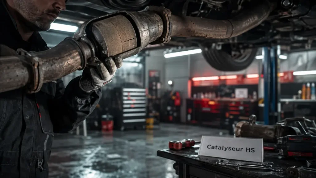 Catalyseur hs symptômes : pot catalytique fissuré en garage, suie visible