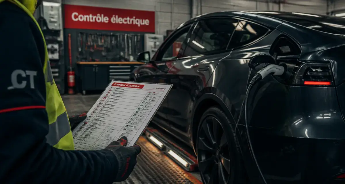 Controle technique voiture electrique : inspection batterie sur station de contrôle