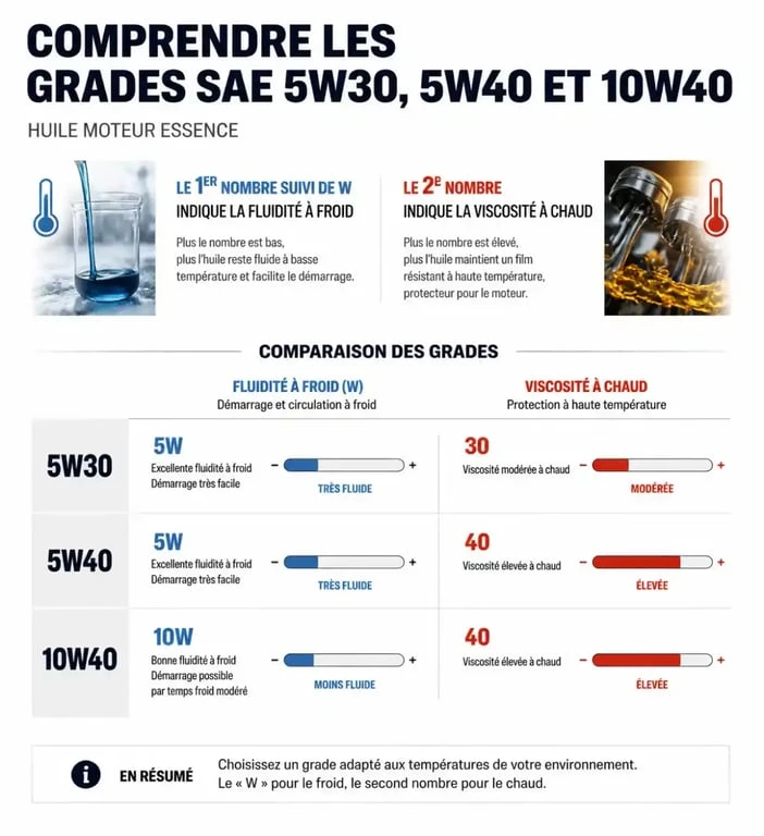Huile pour essence : comprendre les différences entre les grades 5W30, 5W40 et 10W40