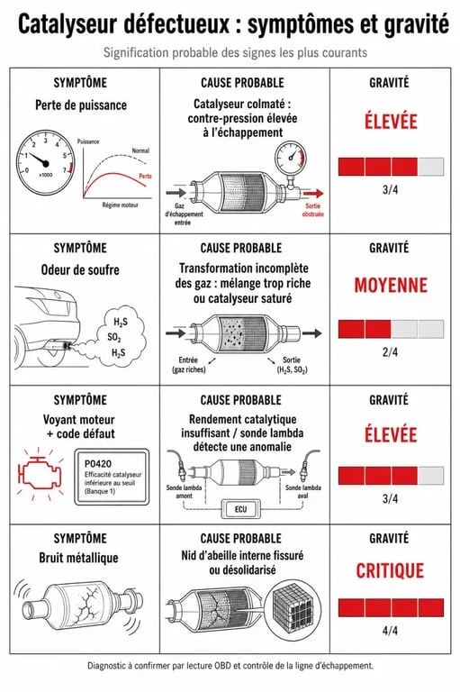 Infographie des symptômes d’un catalyseur hs symptômes avec causes probables
