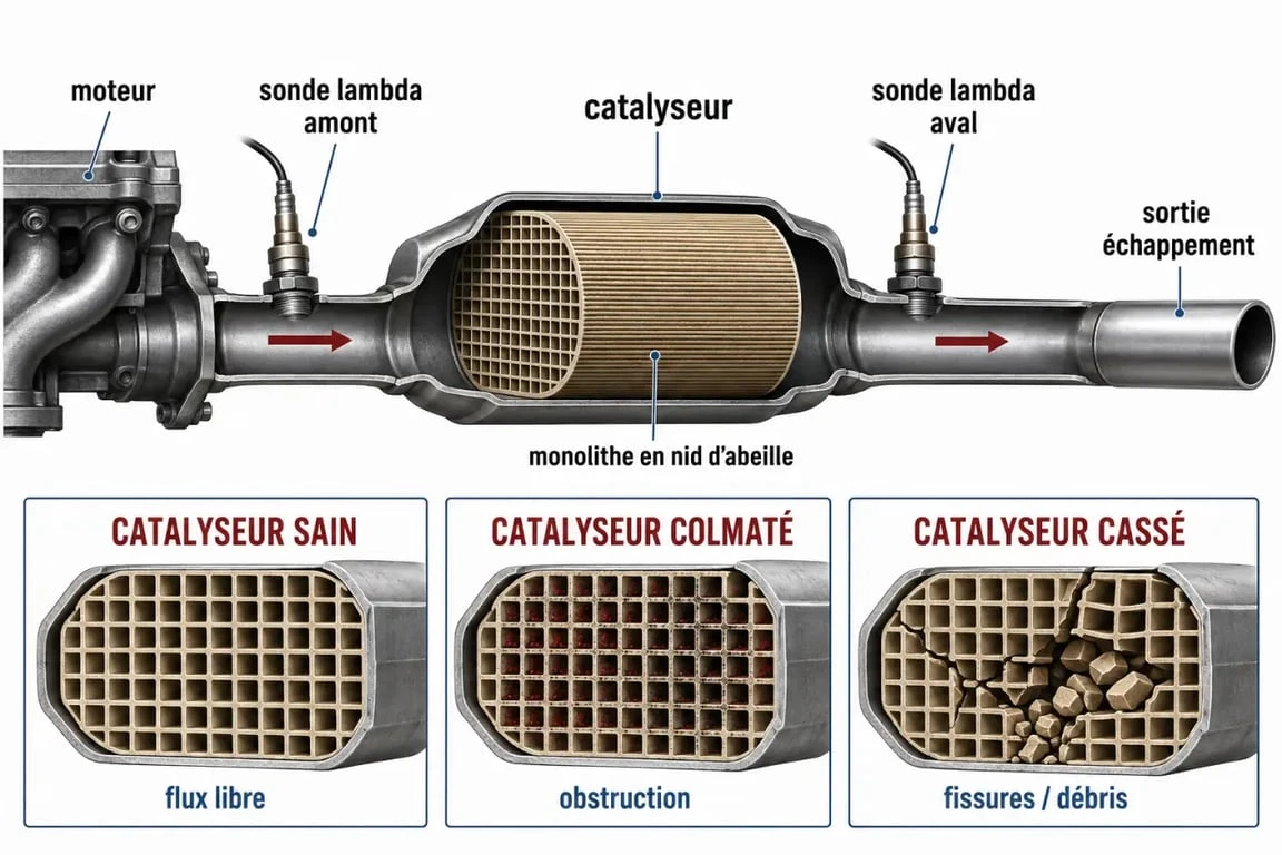 Schéma des symptômes d’un catalyseur hs symptômes sur la ligne d’échappement