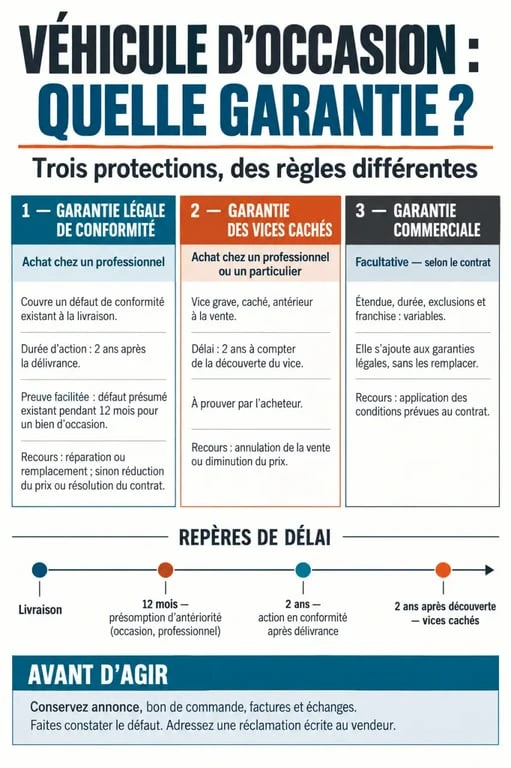 Infographie sur l'achat d'un véhicule d'occasion avec garantie et les recours selon chaque protection