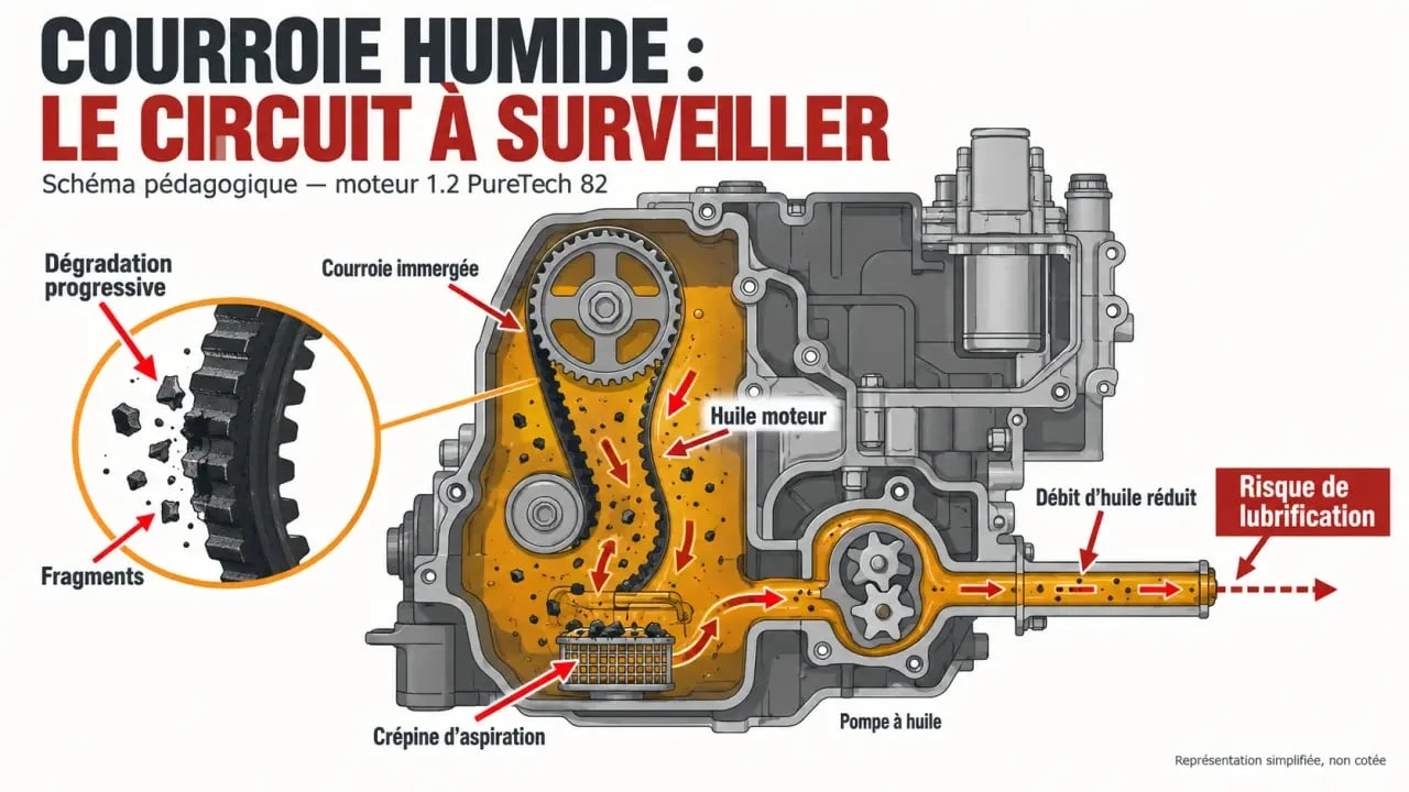 Schéma du problème 208 1.2 PureTech 82 lié à la courroie humide et au circuit d'huile