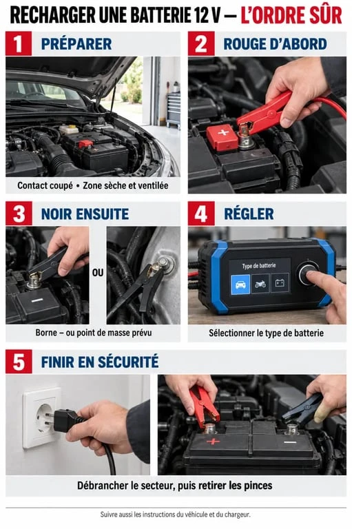 Étapes illustrées pour recharger une batterie 12V de voiture en toute sécurité