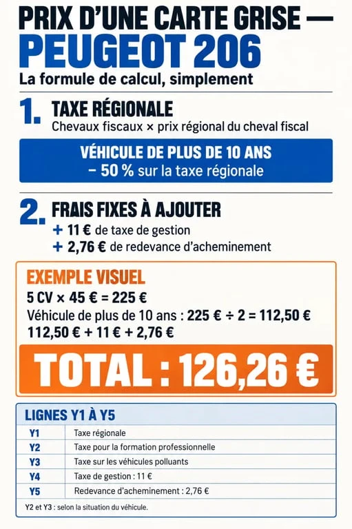 Infographie du prix carte grise 206 avec formule, réduction après 10 ans et frais fixes