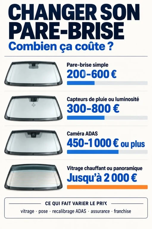 Infographie sur le changement pare brise prix selon le type de vitrage et les équipements