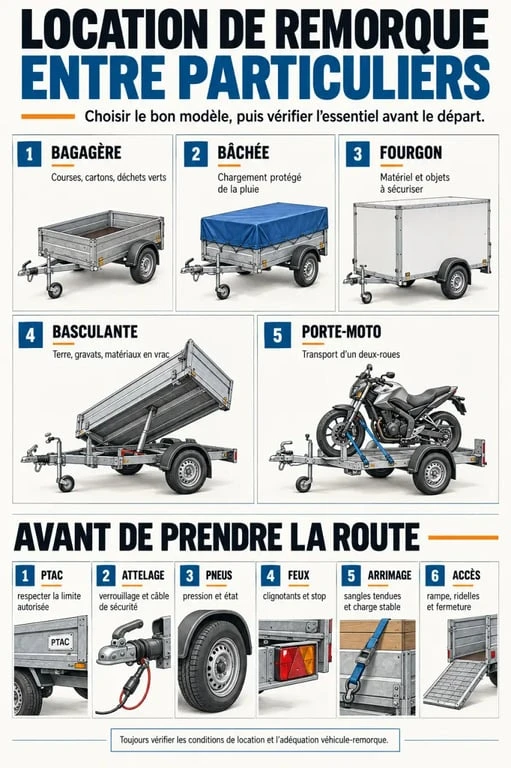Infographie sur la location remorque particulier : types de remorques et vérifications de sécurité
