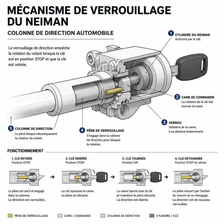 Schéma explicatif du mécanisme de blocage du volant (Neiman) pour comprendre le blocage du volant