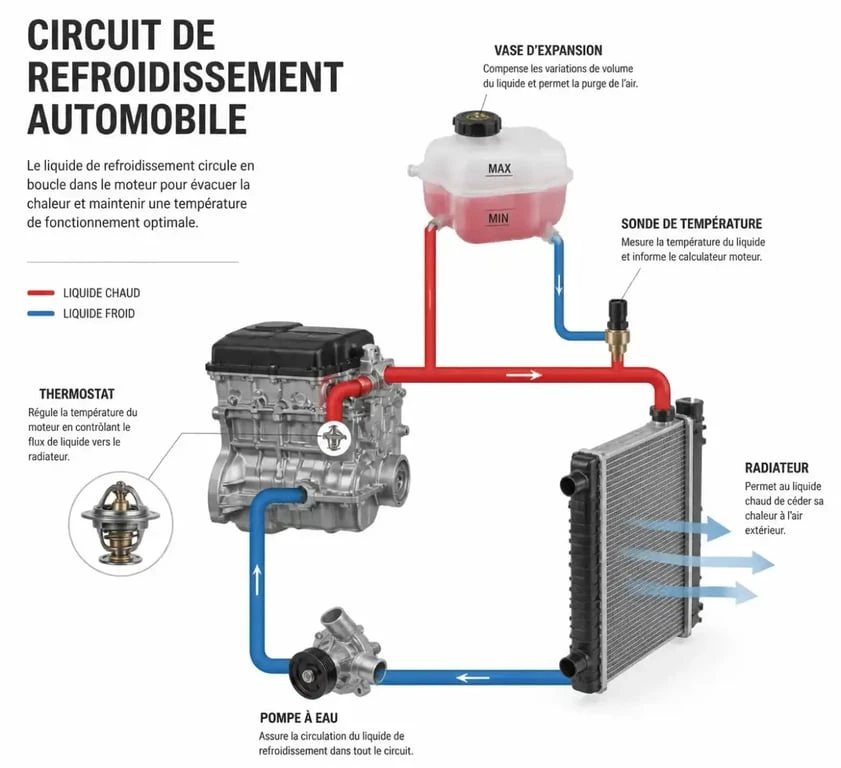 Schéma du circuit de refroidissement moteur pour comprendre pourquoi l'aiguille température monte et descend