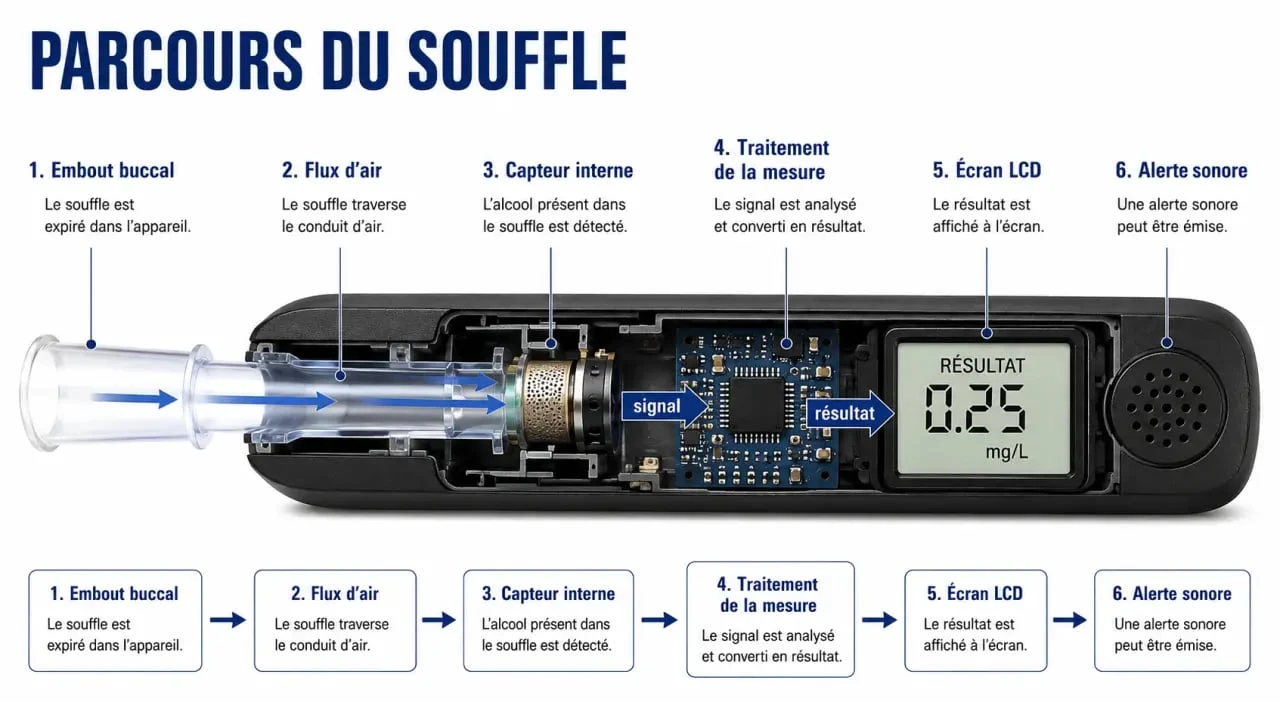 Ethylotest electronique : schéma du souffle, du capteur et de l’affichage