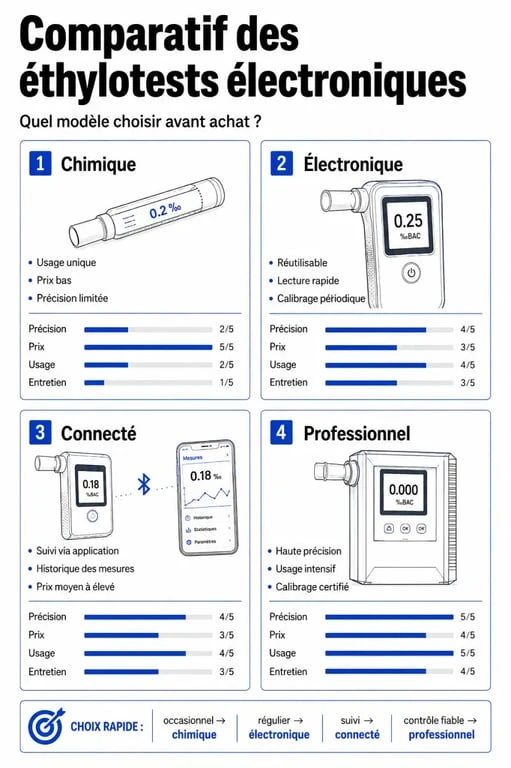 Ethylotest electronique : comparatif des modèles chimique, électronique, connecté et professionnel
