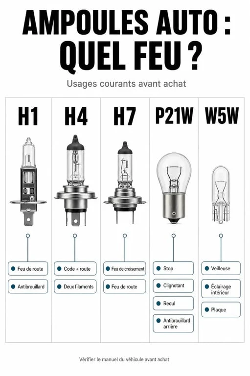 ampoule voiture type : comparatif visuel des ampoules H1, H4, H7, P21W et W5W selon le feu concerné