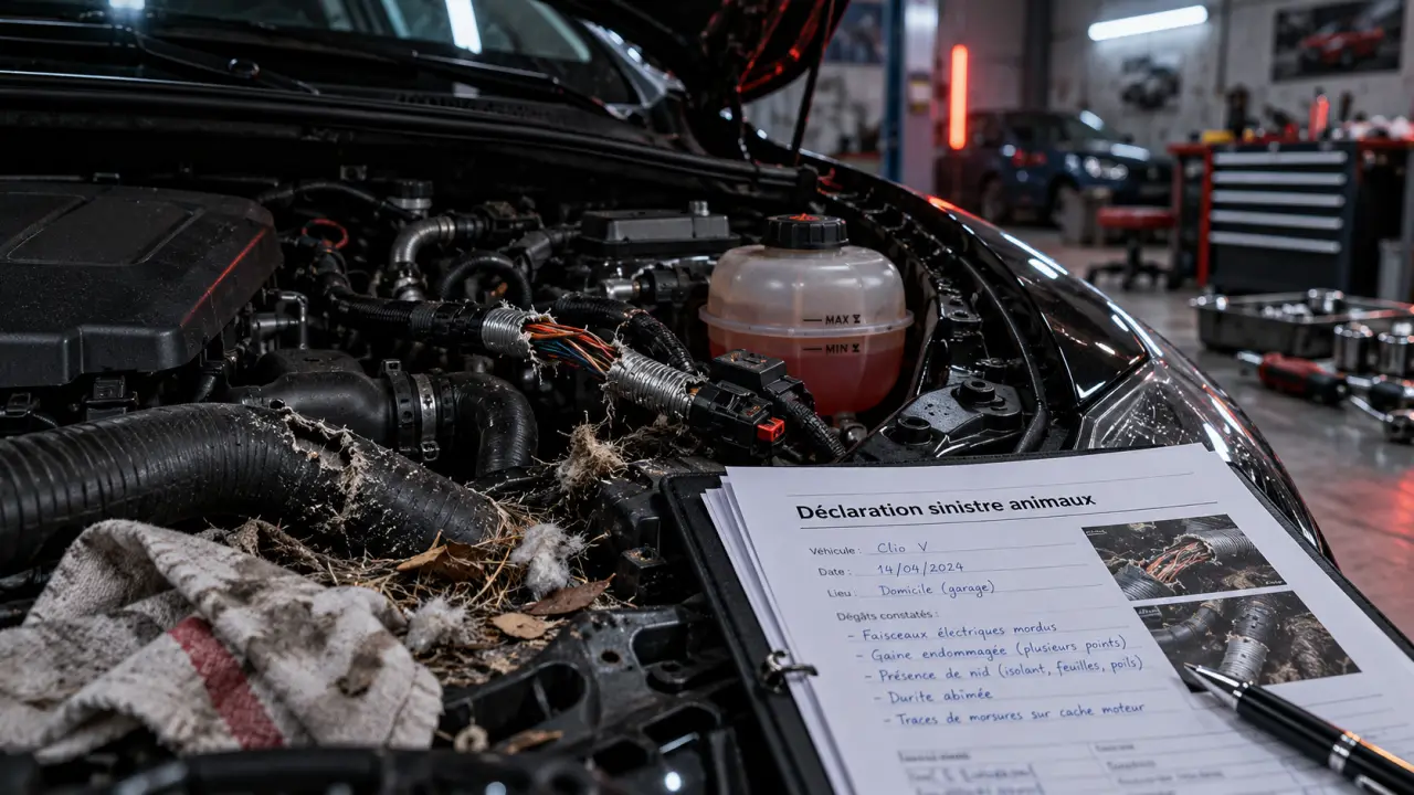 Dégât rongeur voiture assurance : capot moteur mordu, câbles abîmés